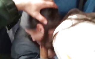 Arousing teen babe sucking on his tremendous cock in a bus passionately